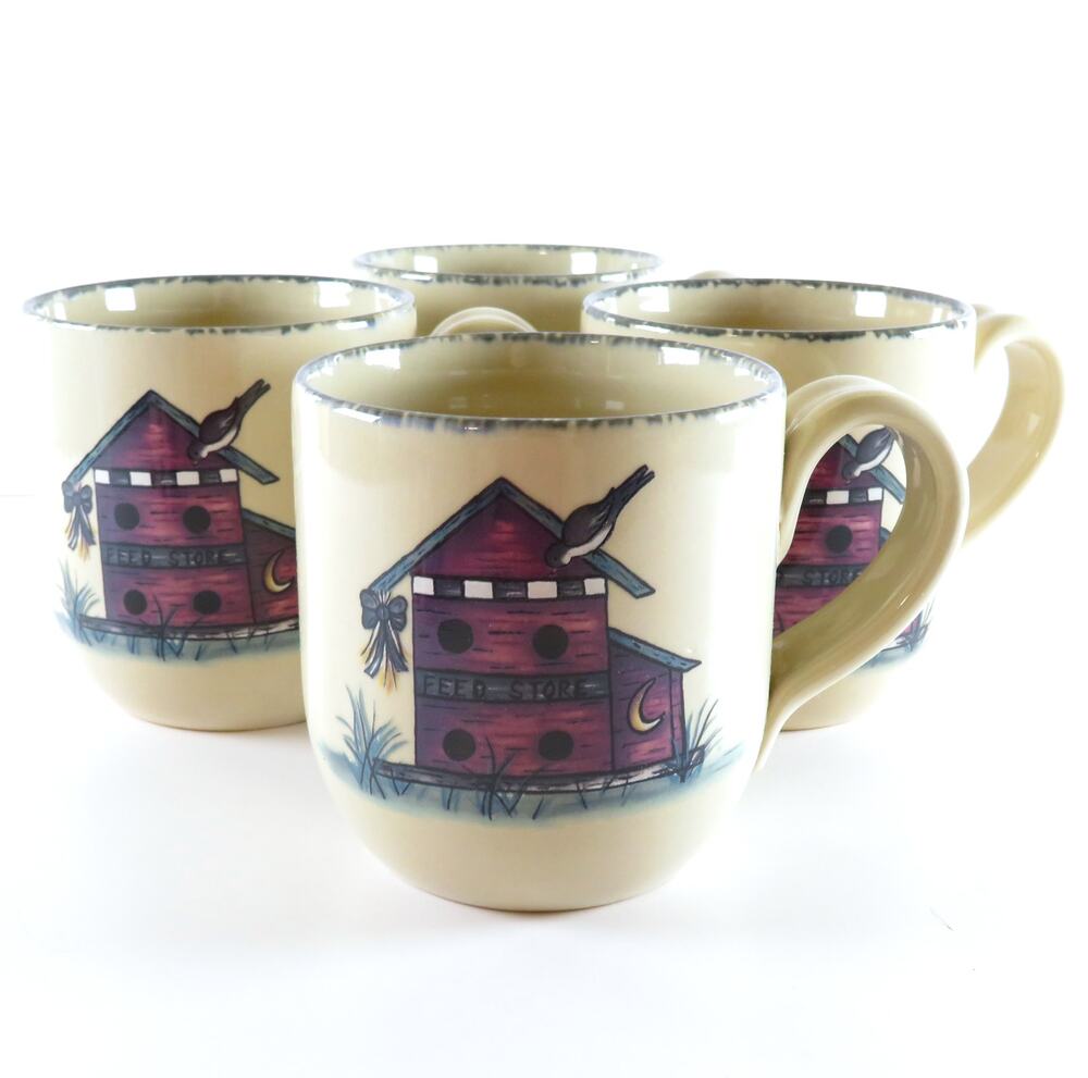 Home & Garden Party Ltd Coffee Mugs Set of 4 Feed Store Birdhouse Stoneware 2004